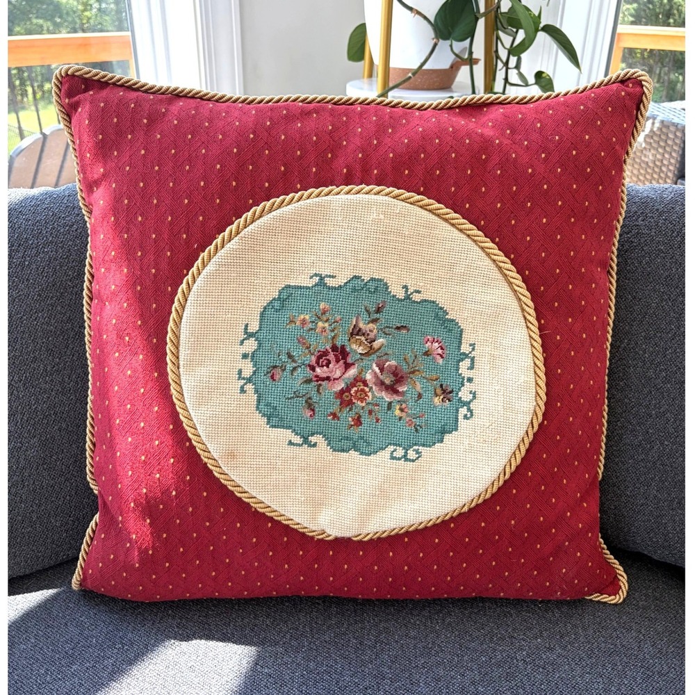Vintage Needlepoint Floral Throw Pillow Burgundy Red Gold Rope Trim 20x20